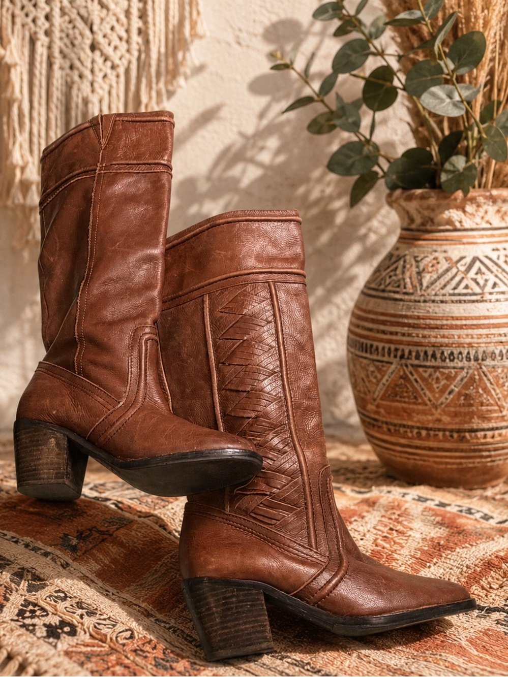 Vtg Fossil Brown Leather Knee High Boots Woven Western Boho Block Heel Size 8
